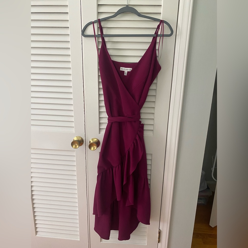 Dress the Population Delphine Crepe Wrap Midi Dress in Magenta
